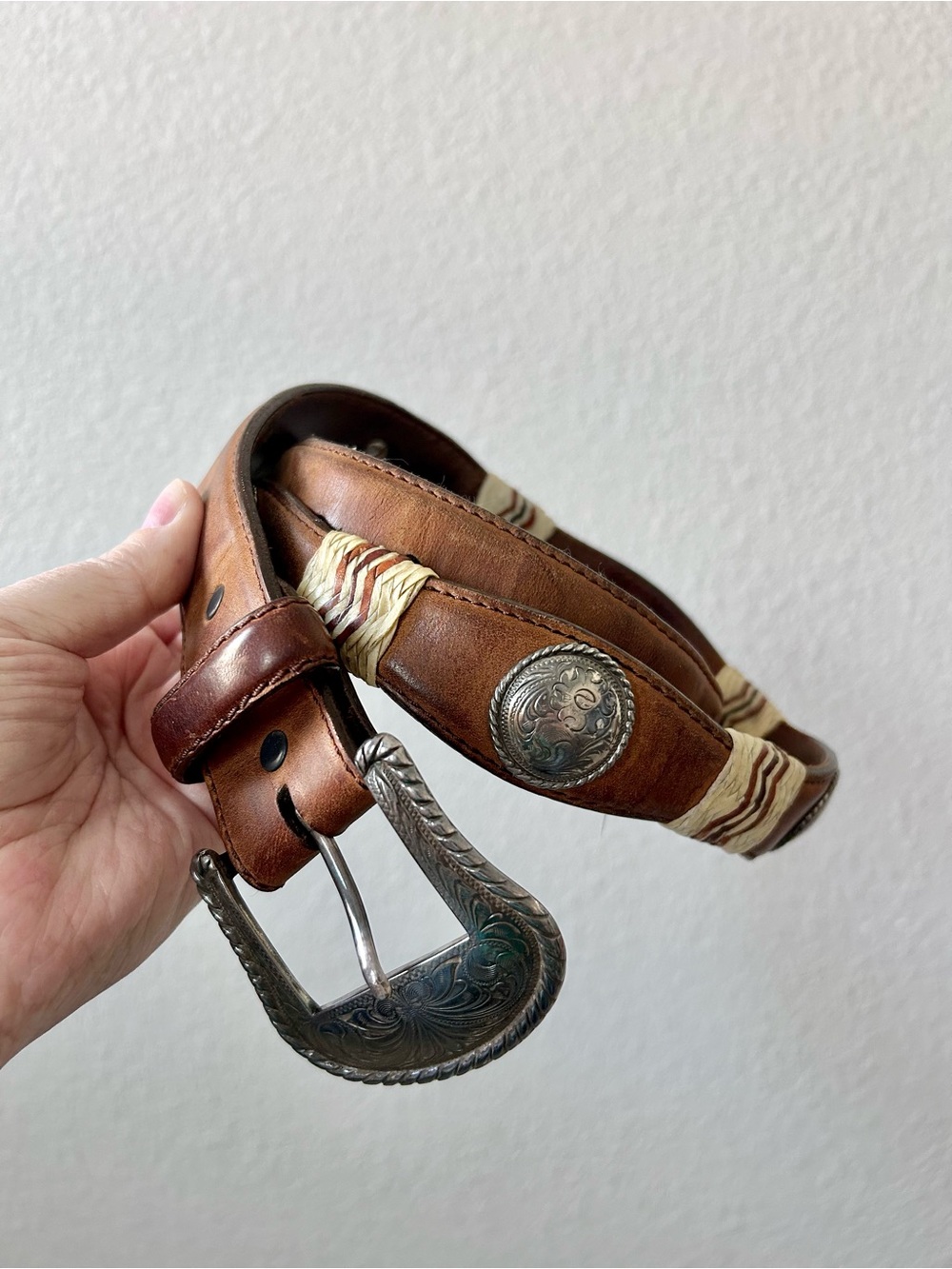 Vintage TONY LAMA buckle belt CONCHO cowhide leather 38 brown western scalloped
